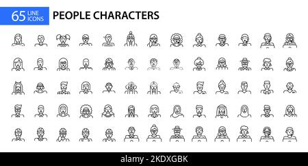 65 line art persone personaggio e l'utente avatar icone. Pixel Perfect, tratto modificabile Illustrazione Vettoriale