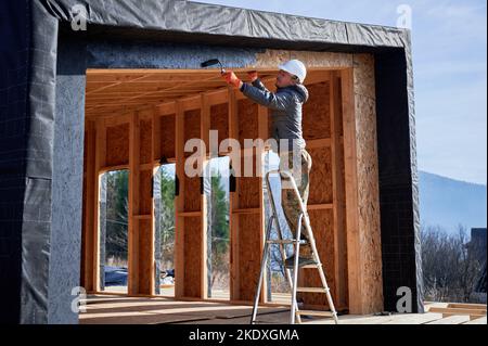 Pittore maschio con rullo di vernice, facendo lavori di vernice esterna in un colore nero, in piedi su una scala. Uomo lavoratore costruzione casa con struttura in legno in stile scandinavo barnhouse. Concetto di costruzione. Foto Stock