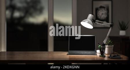 moderna scrivania da ufficio a casa con penne, notebook e lampada 3d rendono l'illustrazione Foto Stock