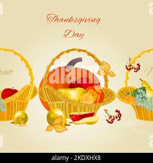 Bordo fruttato sfondo senza cuciture con frutta in un cesto di vimini cibo sano Thanksgiving Day vintage vettore illustrazione per l'uso in interior design Illustrazione Vettoriale