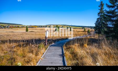 Sentiero in legno in Bozi Dar torbiera riserva naturale nella soleggiata giornata autunnale. Montagne del minerale, ceco: Krusne Hory, Repubblica ceca Foto Stock