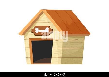 Divertente doghouse, canile di legno in stile cartoon isolato su sfondo bianco. Costruzione comica infantile con tetto e ciotola con osso. Illustrazione vettoriale Illustrazione Vettoriale