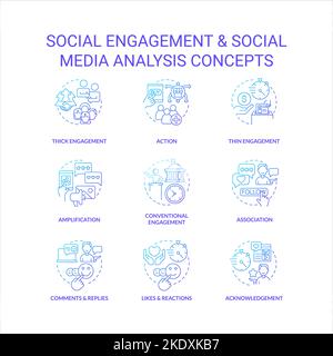 Le icone del concetto di gradiente blu per l'engagement sociale sono impostate Illustrazione Vettoriale