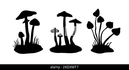 Set di tre silhouette a fungo. Amanita virosa, cortinarius rubellus e psilocybe semilanceata. Distruggendo Angel, Deadly Webcap e Liberty Cap Foto Stock