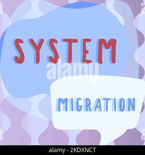 Scrittura con testo migrazione del sistema, panoramica aziendale passaggio da un ambiente operativo a un altro Foto Stock
