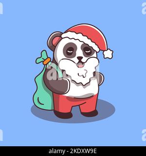 carino panda nuovo anno in costume santa con barba e borsa con regali nuovo anno di natale carattere vettore Illustrazione Vettoriale