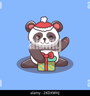 carino panda di nuovo anno con regalo indossando rosso santa cappello nuovo anno di natale carattere vettore Illustrazione Vettoriale