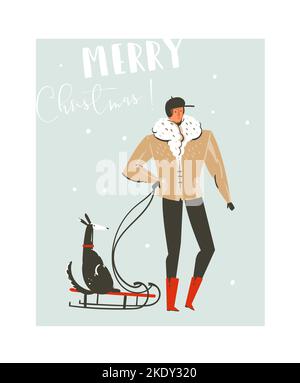 Mano disegnato vettore astratto divertimento Merry Natale tempo cartone animato insieme con padre a piedi in abbigliamento invernale con cane su slitta isolato su Illustrazione Vettoriale