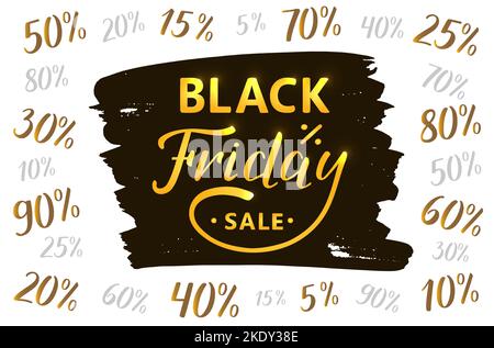 Black Friday scritta a mano moderna calligrafia a pennello. I numeri e le percentuali sono disegnati a mano. Concetto di logo vettoriale di vendita. Nero e dorato. Illustrazione Vettoriale