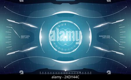 Target del display head-up con tecnologia VR HUD. Interfaccia di realtà virtuale futuristica digitale schermo visore ciberpunk hi-tech. INTERFACCIA utente GUI FUI, design luminoso del pannello del cruscotto della cabina di pilotaggio della navicella spaziale. Illustrazione del vettore eps Illustrazione Vettoriale