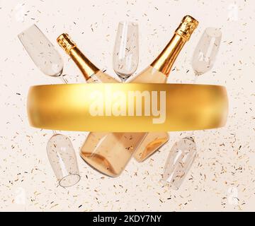 3d resa di anello di unione dorato lucido con bottiglie di champagne e bicchieri in confetti cadenti su fondo beige Foto Stock