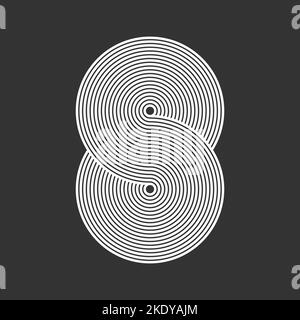 Linee a strisce a forma di numero 8. Motivo a nodi celtici bianco su sfondo nero. Loop infinito. Infinito, eterno simbolo antico. Vettore Illustrazione Vettoriale