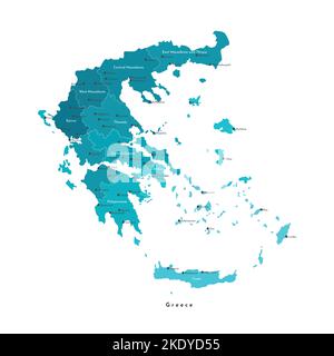 Illustrazione con isolamento vettoriale. Carta amministrativa semplificata della Grecia (Repubblica ellenica). Forme blu su sfondo bianco. Nomi delle città greche e. Illustrazione Vettoriale