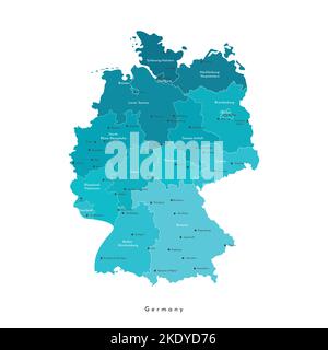 Illustrazione con isolamento vettoriale. Mappa amministrativa semplificata della Germania. Forme blu delle regioni. Nomi delle città e delle province deutsch. Backgroun bianco Illustrazione Vettoriale