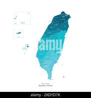 Illustrazione colorata con isolamento vettoriale. Mappa geografica amministrativa semplificata di Taiwan (Repubblica di Cina). Nomi delle città e della regione taiwanesi. Illustrazione Vettoriale