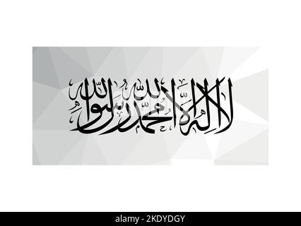 Illustrazione vettoriale. Firma ufficiale dell'Afghanistan. Bandiera nazionale con testo nero Shahada su sfondo bianco. Design creativo in stile poligonale Illustrazione Vettoriale