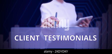 Testo scritto a mano Testimonianze dei clienti, Word per dichiarazione scritta persone di certificazione valore del carattere Foto Stock