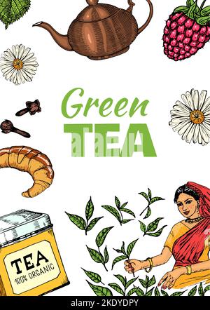 Tisana sacchetto carta. Teiera, tazza, zucchero, piante, paesaggio, Lamponi, croissant, limone, camomilla Poster o banner. Ingredienti per la cornice del negozio Illustrazione Vettoriale