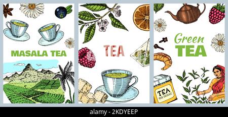 Tisana sacchetto carta. Teiera, tazza, zucchero, piante, paesaggio, Lamponi, croissant, limone, camomilla Poster o banner. Ingredienti per la cornice del negozio Illustrazione Vettoriale