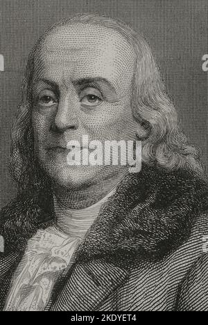 Benjamin Franklin (1706-1790). Scienziato, inventore e politico americano. Nel 1776 scrisse, con Jefferson e John Adams, la Dichiarazione di Indipendenza degli Stati Uniti d'America. Verticale. Incisione di Geoffroy. 'Historia Universal', di César Cantú. Volume VI. 1857. Foto Stock