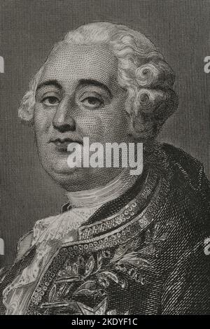 Luigi XVI (1754-1793). Re di Francia (1774-1792). Sposò Maria Antonietta e si oppose alla terza tenuta, cercando di fermare il processo rivoluzionario. Verticale. Incisione di Geoffroy. Dettaglio. 'Historia Universal', di César Cantú. Volume VI. 1857. Foto Stock