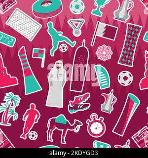 Qatar. Giornata nazionale. Calcio a tema. Fodera in tessuto senza cuciture tendenza piatta desig sul rosso. Illustrazione Vettoriale