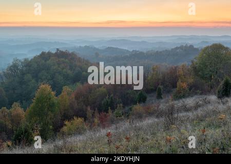 Paesaggio rurale durante il crepuscolo in autunno, campagna collinare con lussureggianti foreste colorate e arancione bagliore nel cielo Foto Stock