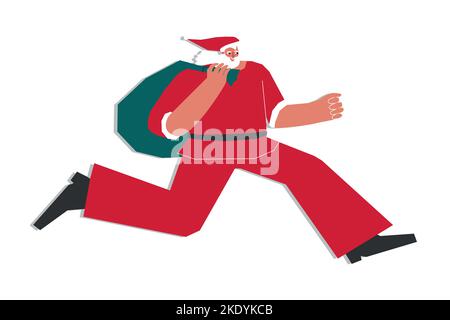 Illustrazione isolata vettoriale con carattere piatto di Babbo Natale in costume rosso nel periodo natalizio. Corre e tiene la borsa con i regali. Concetto per banner Illustrazione Vettoriale