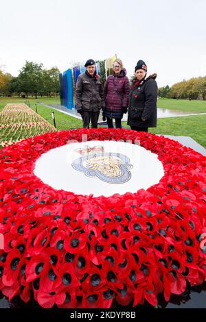 La dedicazione del campo di papavero della memoria al National Memorial Arboretum a Staffordshire, Regno Unito. Tre amici di Ripley rendono omaggio al memoriale del papavero. Foto Stock