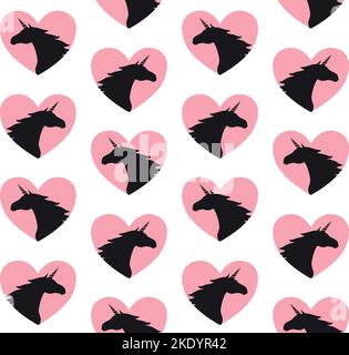 Modello vettoriale senza cuciture di testa unicorno piatta disegnata a mano in cuore rosa isolato su sfondo bianco Illustrazione Vettoriale