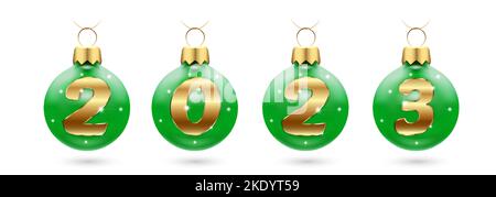 Numeri 2023 da coriandoli dorati in palle verdi di Capodanno, decorazioni per alberi di Natale. Layout festivo per striscioni, poster, biglietti d'auguri nel NE Illustrazione Vettoriale