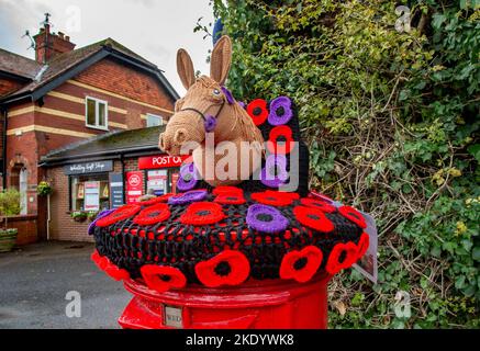 Whalley, Clitheroe, Lancashire, Regno Unito. 9th Nov 2022. Una copertina per la posta a Whalley, Clitheroe, Lancashire fornita dal gruppo locale Knit and Natter che ricorda i cavalli morti durante la Grande Guerra. Credit: John Eveson/Alamy Live News Foto Stock