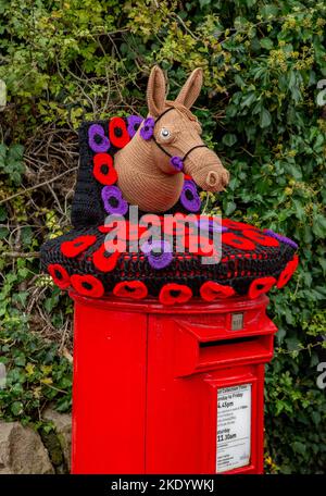 Whalley, Clitheroe, Lancashire, Regno Unito. 9th Nov 2022. Una copertina per la posta a Whalley, Clitheroe, Lancashire fornita dal gruppo locale Knit and Natter che ricorda i cavalli morti durante la Grande Guerra. Credit: John Eveson/Alamy Live News Foto Stock