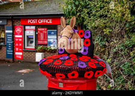 Whalley, Clitheroe, Lancashire, Regno Unito. 9th Nov 2022. Una copertina per la posta a Whalley, Clitheroe, Lancashire fornita dal gruppo locale Knit and Natter che ricorda i cavalli morti durante la Grande Guerra. Credit: John Eveson/Alamy Live News Foto Stock