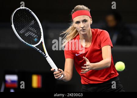 Glasgow, Scozia, 09/11/2022, Glasgow, Scozia, REGNO UNITO. 9th Novembre 2022. Il belga Maryna Zanevska ha mostrato in azione durante una partita di tennis contro lo slovacco Schmiedlova, la seconda partita del pareggio tra Belgio e Slovacchia nella fase di gruppo delle finali della Billie Jean King Cup a Glasgow, Scozia, mercoledì 09 novembre 2022. Il torneo si svolge dal 8 al 13 novembre 2022. BELGA PHOTO LAURIE DIEFFEMBACQ Credit: Belga News Agency/Alamy Live News Foto Stock