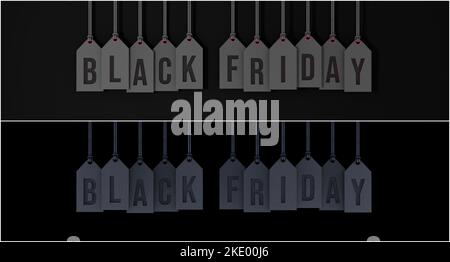 Testo del Black Friday sulle etichette in pelle nera. Concetto di banner Web shopping su sfondo nero 3D rendering 3D illustrazione Foto Stock