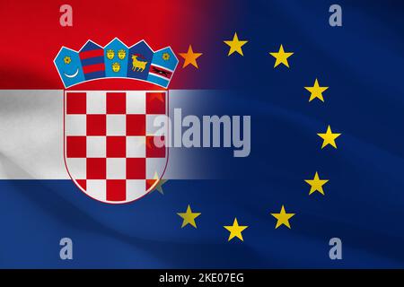 Bandiera della Repubblica di Croazia che si affievolisce nella bandiera dell'Unione europea, illustrazione Foto Stock