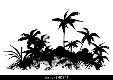 Prato e palme. Giungla foresta pluviale. Natura paesaggio silhouette. Fitti ispessimenti tropicali. Isolato su sfondo bianco. Vettore. Illustrazione Vettoriale