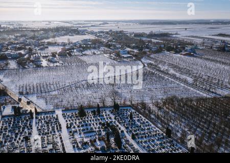 Cimitero e frutteti di mele nel villaggio di Rogow nella contea di Brzeziny, Lodzkie Voivodato nella Polonia centrale Foto Stock