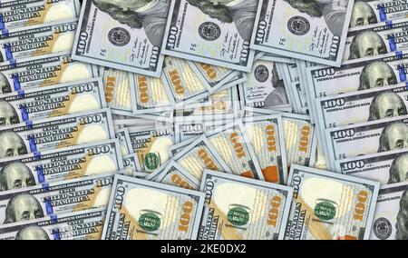 Banconote in dollari in un circuito a mosaico con ventola di cassa. USA banconote da 100 USD. Concetto astratto di banca, finanza, economia decorativo sfondo 3D illu Foto Stock