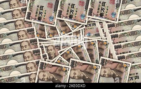 Banconote Yen giapponesi in un circuito a mosaico a ventaglio di contanti. Giappone Yen 10000 JPY note. Concetto astratto di banca, finanza, economia decorativo design indietro Foto Stock