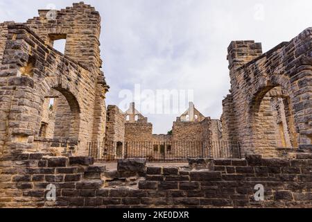 Vista panoramica delle rovine del castello di ha ha ha Tonka nel Missouri Foto Stock