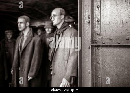 Immagine sfocata degli ebrei all'interno dei vagoni del treno destinati ai campi di concentramento durante il periodo nazista della seconda guerra mondiale - concetto di memoria, shoah, Olocaus Foto Stock