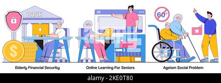 Sicurezza finanziaria anziana, apprendimento online per gli anziani, concetto di problema sociale ageism con personaggi della gente. Illustrazione stile di vita persone anziane pac Illustrazione Vettoriale