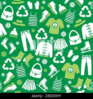 Motivo senza cuciture con abiti riciclati. Abbigliamento sostenibile ed ecologico. Riutilizzo dei tessuti. Illustrazione Vettoriale