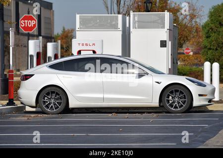 South Barrington, Illinois, Stati Uniti. Una Tesla viene ricaricata presso una stazione di ricarica per veicoli elettrici Tesla nel parcheggio di un centro commerciale di lusso. Foto Stock