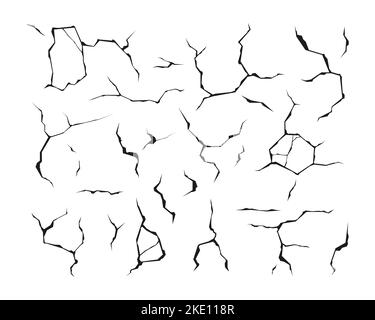 Incrinature della parete. Terremoto terreno spaccato, distruzione danni smash schiacciato paesaggio superficie texture isolato su sfondo trasparente. Set vettoriale di distruzione terremoto di superficie Illustrazione Vettoriale