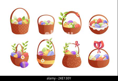 Cesti di uova di Pasqua. Vassoio infantile cartoon con nastri di paglia per decorazione eseghunting di festa, simboli religiosi colorati per biglietto d'auguri. Set vettoriale del cestino di pasqua per l'illustrazione delle vacanze Illustrazione Vettoriale