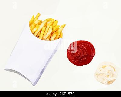 patatine fritte in scatola di carta con ketchup e maionese. Vettore in stile Poly basso. Illustrazione Vettoriale