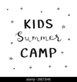 Modello poster con scritta a mano per bambini campo estivo e stelle intorno. Illustrazione Vettoriale